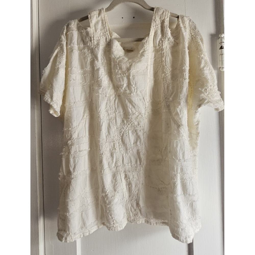 VTGTianello Cotton woman S cream gauze top puff frayed textured shoulder cutout